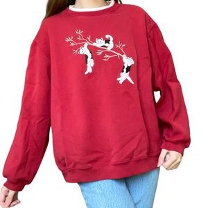 Vintage Red Faux Collar Embroidered Cat Printed Cozy Fall Crew Neck Sweatshirt